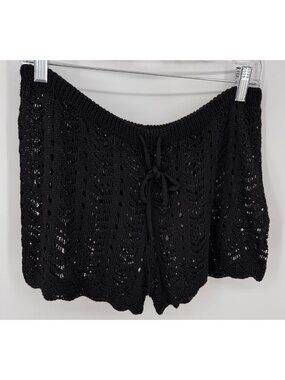 Womens Crochet Knit Black Drawstring Scallop Hem Knit Cover Up Shorts Size L